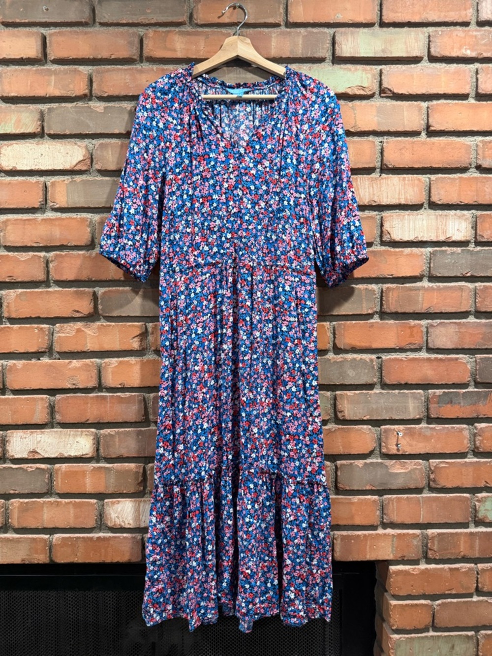 Draper James Blue Floral Maxi Dress with Pink & White Accents